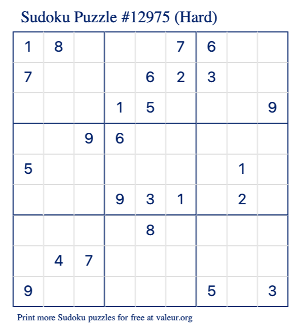 Free Printable Hard Sudoku Puzzle number 12975