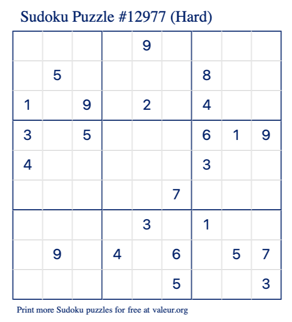 Free Printable Hard Sudoku Puzzle number 12977