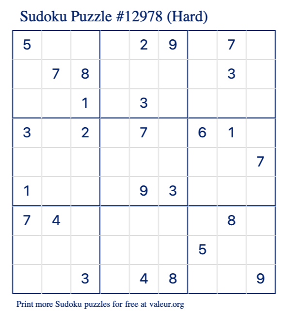 Free Printable Hard Sudoku Puzzle number 12978