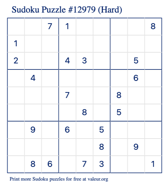 Free Printable Hard Sudoku Puzzle number 12979
