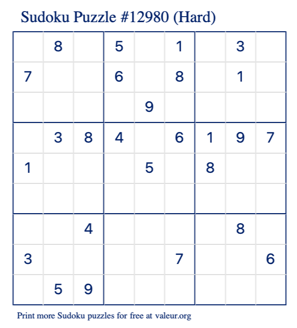 Free Printable Hard Sudoku Puzzle number 12980