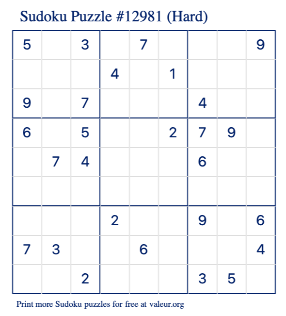 Free Printable Hard Sudoku Puzzle number 12981