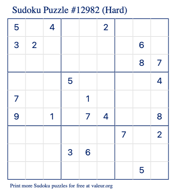 Free Printable Hard Sudoku Puzzle number 12982