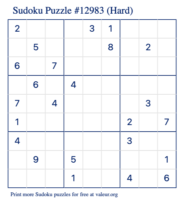 Free Printable Hard Sudoku Puzzle number 12983