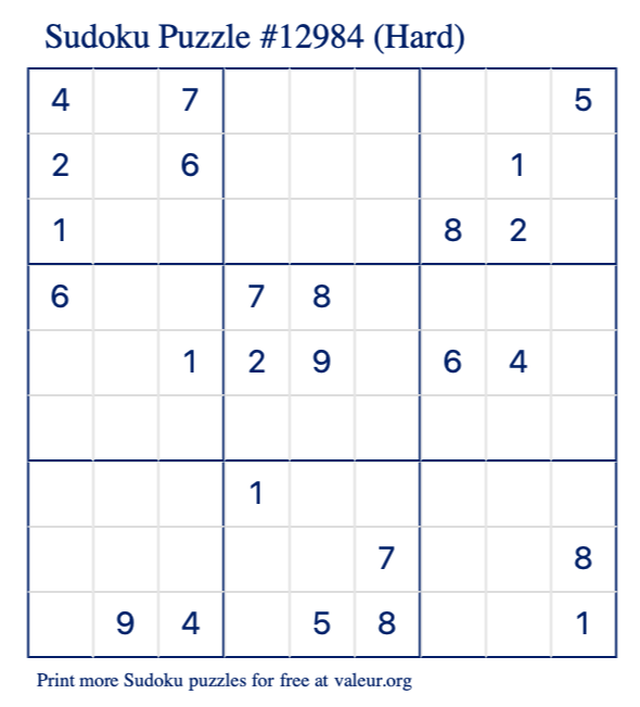 Free Printable Hard Sudoku Puzzle number 12984