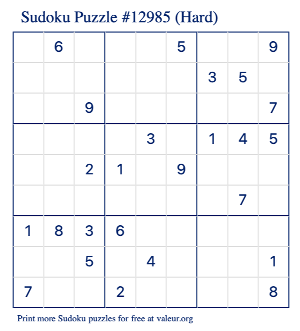 Free Printable Hard Sudoku Puzzle number 12985