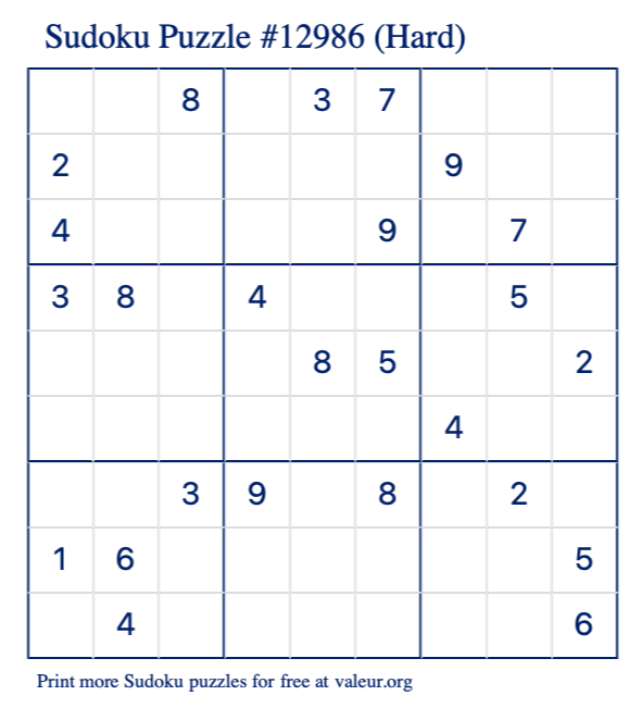 Free Printable Hard Sudoku Puzzle number 12986