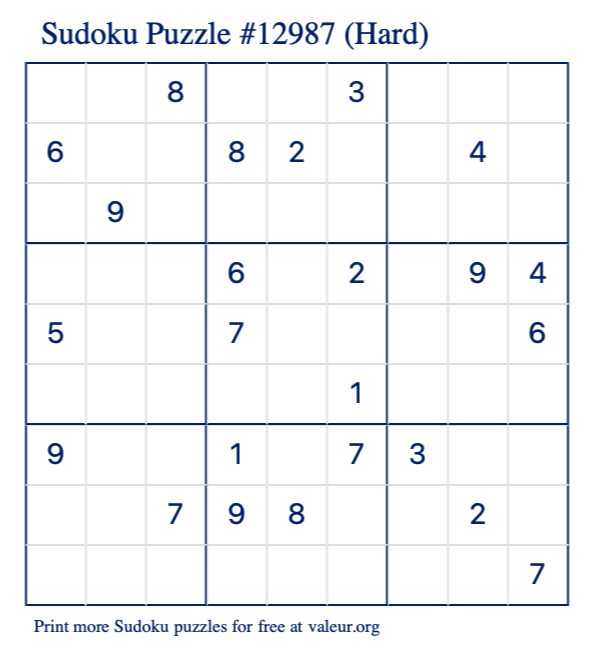 Free Printable Hard Sudoku Puzzle number 12987