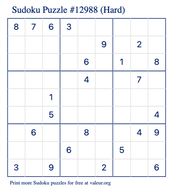 Free Printable Hard Sudoku Puzzle number 12988