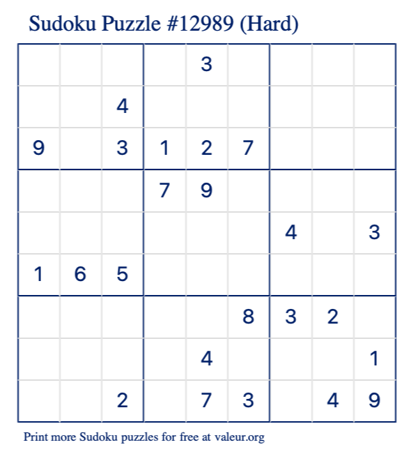 Free Printable Hard Sudoku Puzzle number 12989