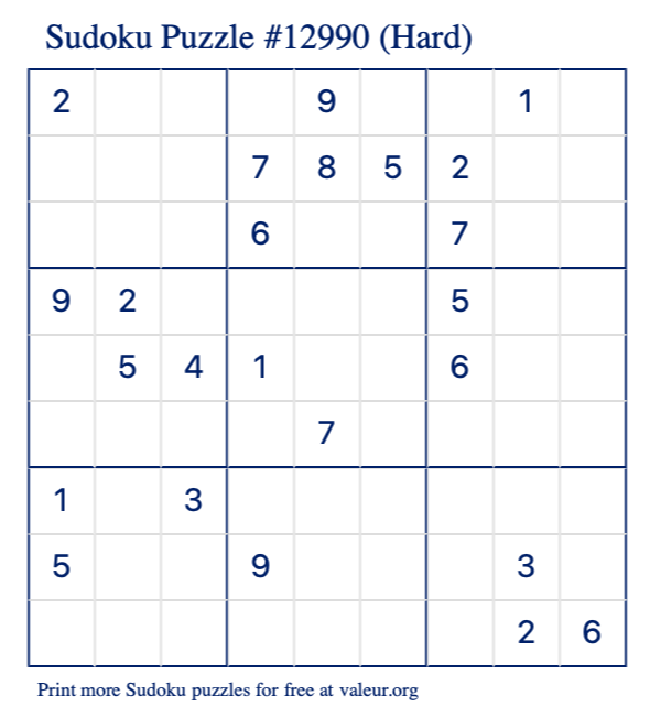 Free Printable Hard Sudoku Puzzle number 12990
