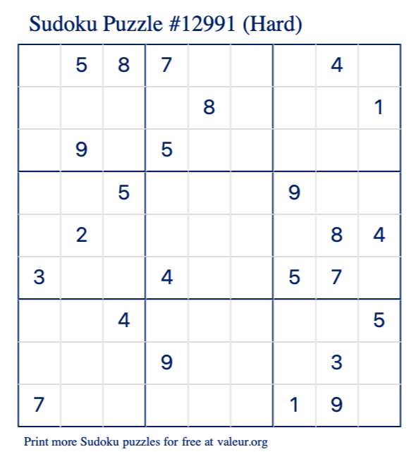 Free Printable Hard Sudoku Puzzle number 12991