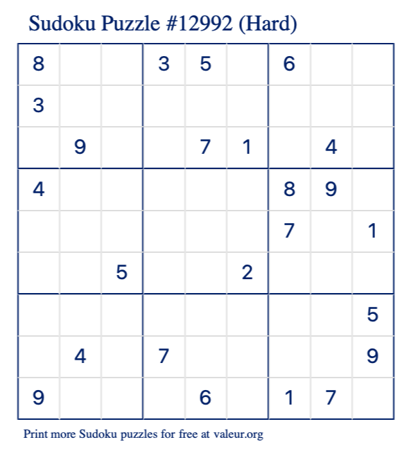 Free Printable Hard Sudoku Puzzle number 12992