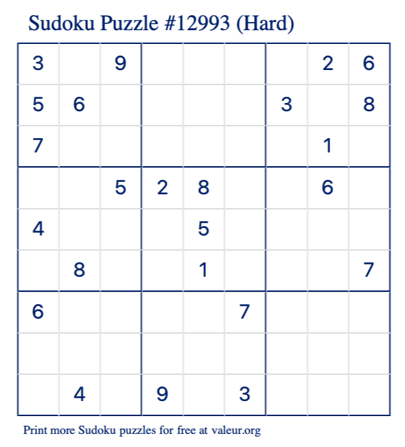 Free Printable Hard Sudoku Puzzle number 12993