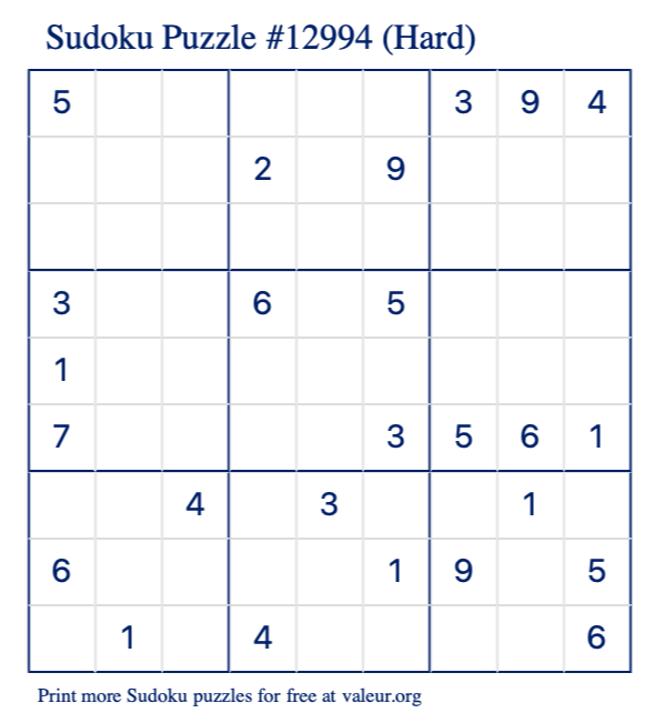 Free Printable Hard Sudoku Puzzle number 12994