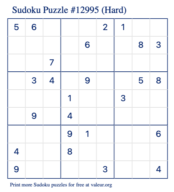 Free Printable Hard Sudoku Puzzle number 12995
