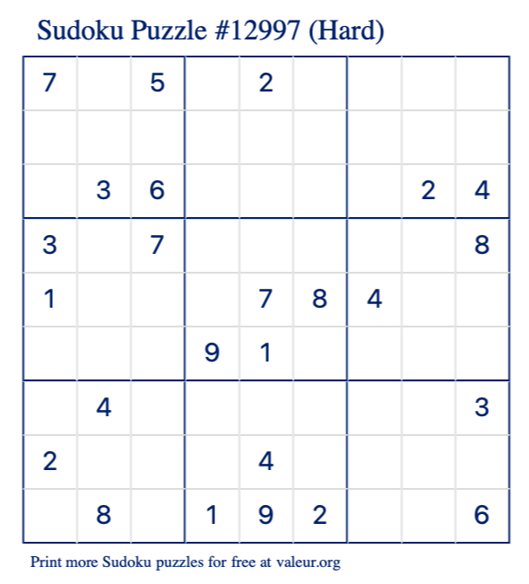 Free Printable Hard Sudoku Puzzle number 12997