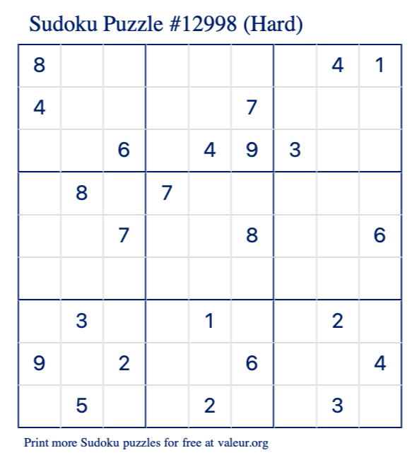 Free Printable Hard Sudoku Puzzle number 12998