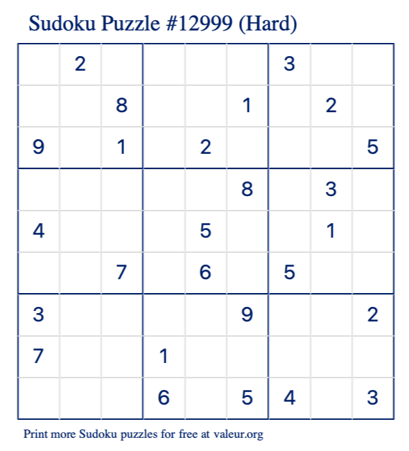 Free Printable Hard Sudoku Puzzle number 12999