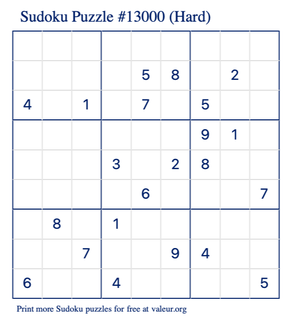 Free Printable Hard Sudoku Puzzle number 13000