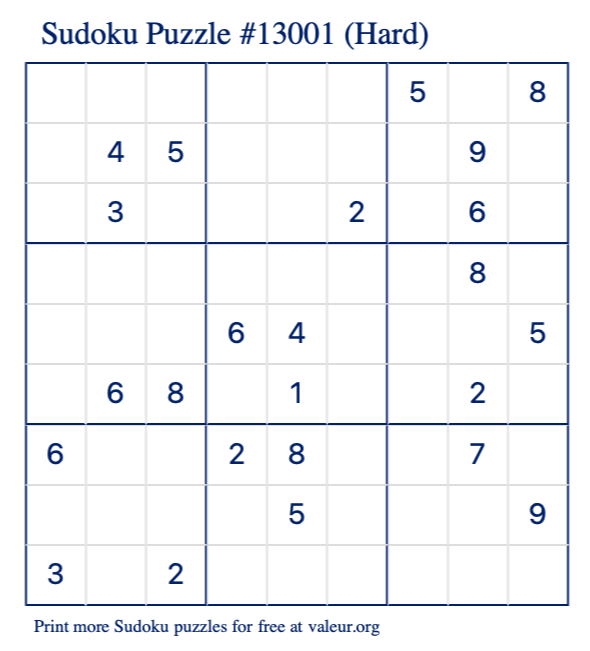Free Printable Hard Sudoku Puzzle number 13001
