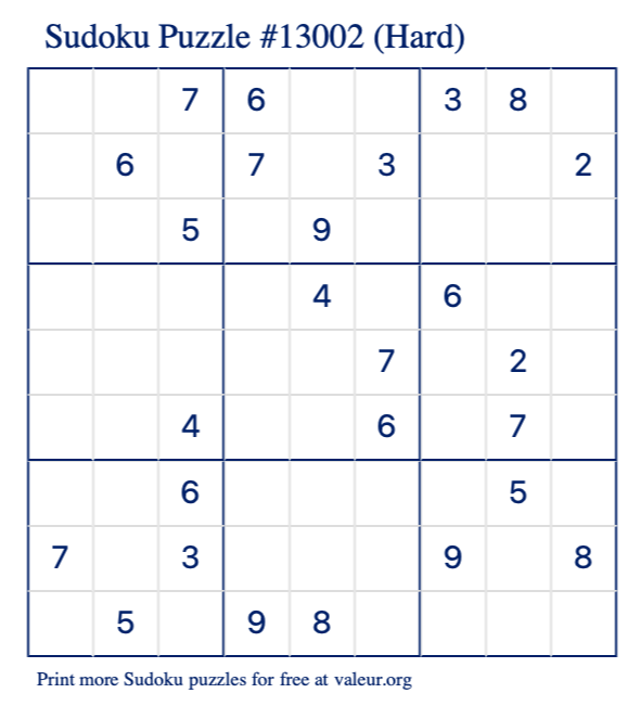 Free Printable Hard Sudoku Puzzle number 13002