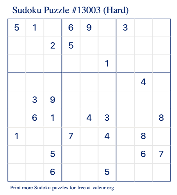 Free Printable Hard Sudoku Puzzle number 13003