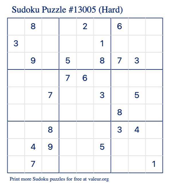 Free Printable Hard Sudoku Puzzle number 13005