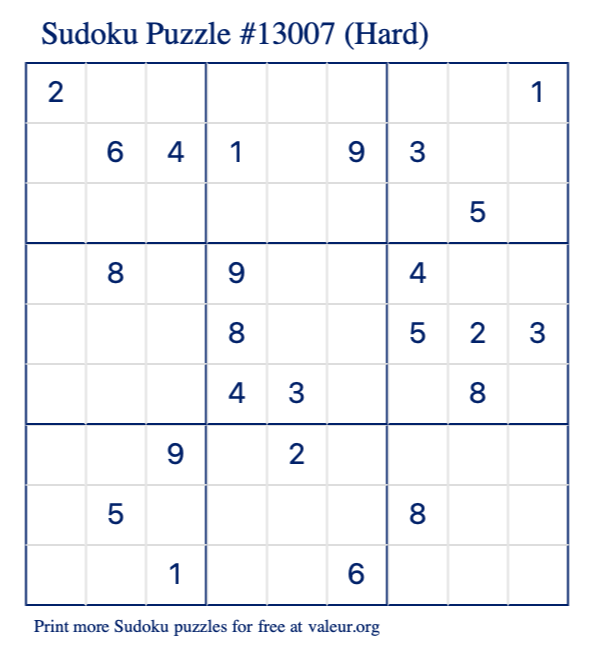 Free Printable Hard Sudoku Puzzle number 13007
