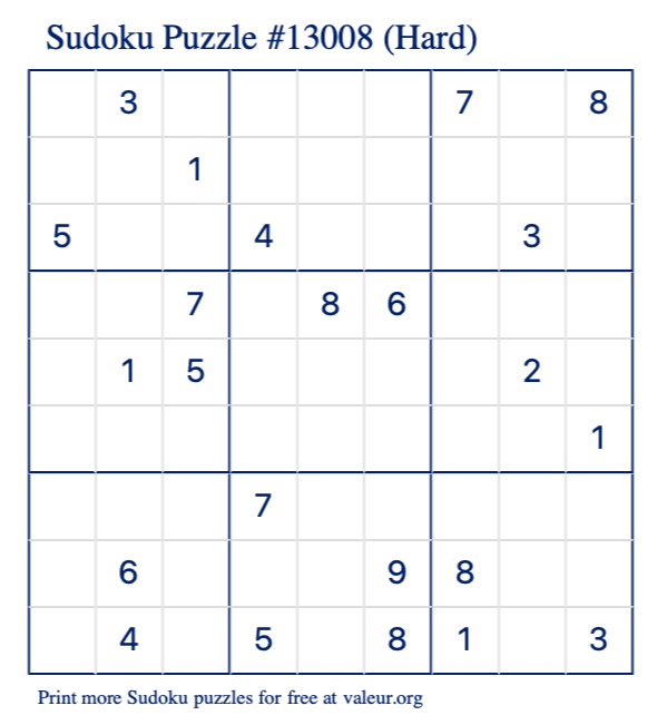 Free Printable Hard Sudoku Puzzle number 13008