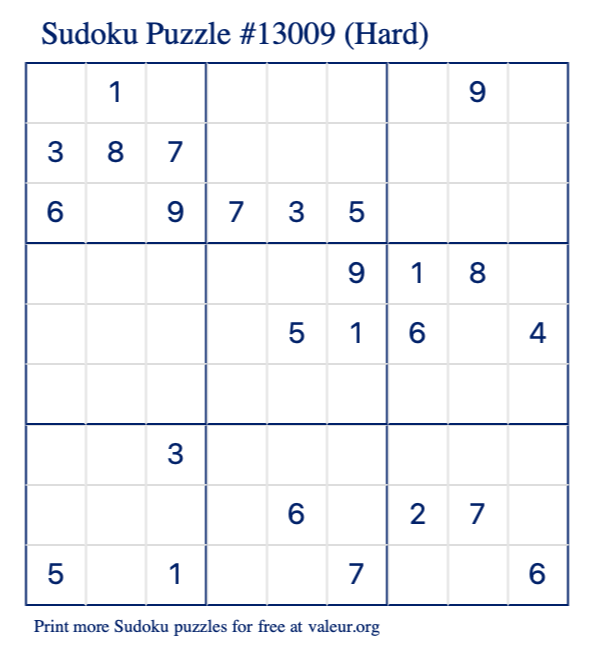 Free Printable Hard Sudoku Puzzle number 13009
