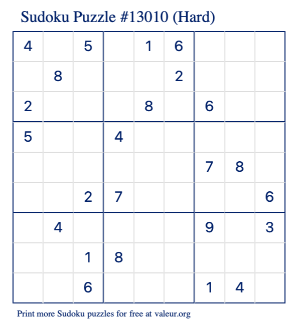 Free Printable Hard Sudoku Puzzle number 13010