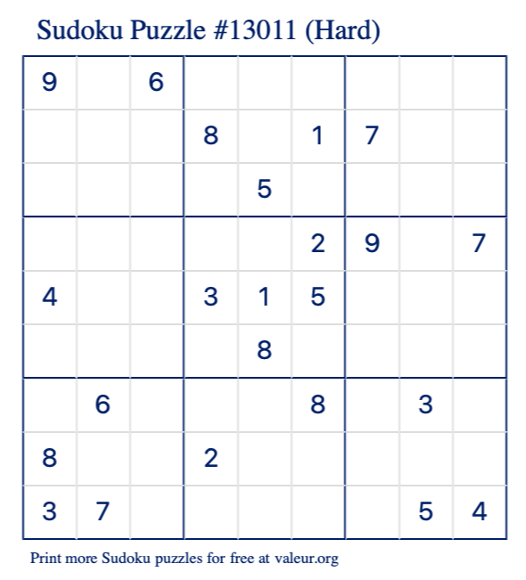 Free Printable Hard Sudoku Puzzle number 13011