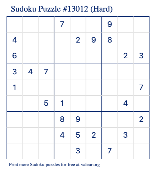 Free Printable Hard Sudoku Puzzle number 13012
