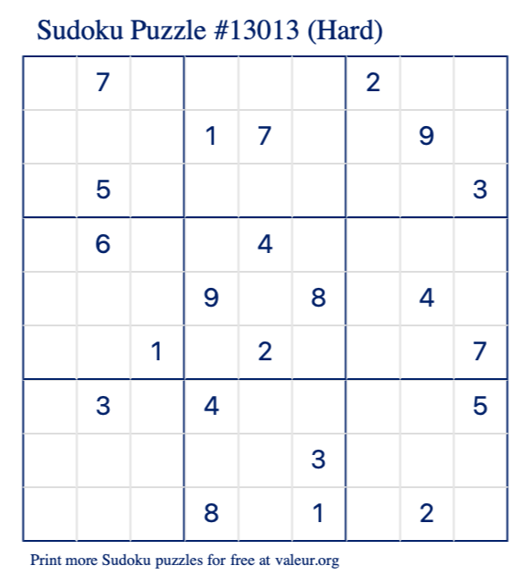 Free Printable Hard Sudoku Puzzle number 13013