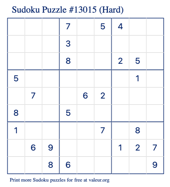 Free Printable Hard Sudoku Puzzle number 13015