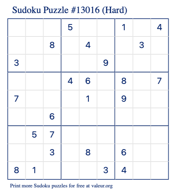 Free Printable Hard Sudoku Puzzle number 13016