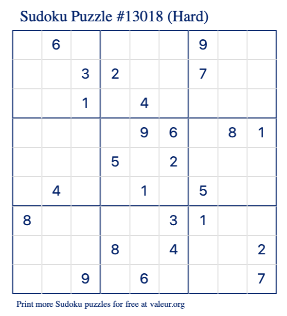 Free Printable Hard Sudoku Puzzle number 13018