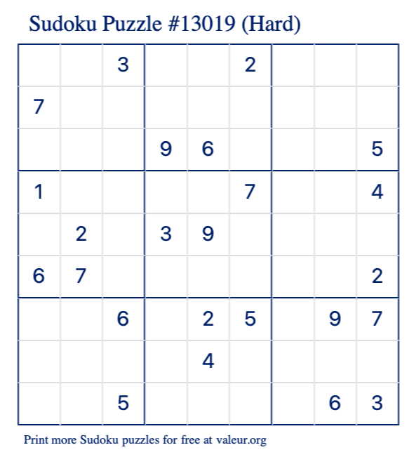 Free Printable Hard Sudoku Puzzle number 13019