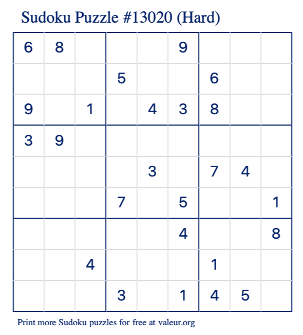 Free Printable Hard Sudoku Puzzle number 13020