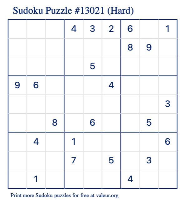 Free Printable Hard Sudoku Puzzle number 13021