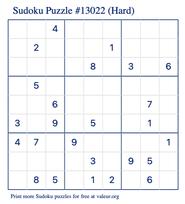 Free Printable Hard Sudoku Puzzle number 13022
