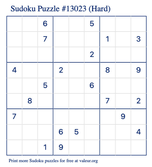 Free Printable Hard Sudoku Puzzle number 13023