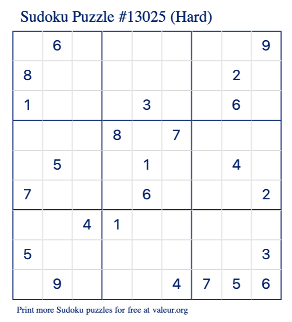 Free Printable Hard Sudoku Puzzle number 13025