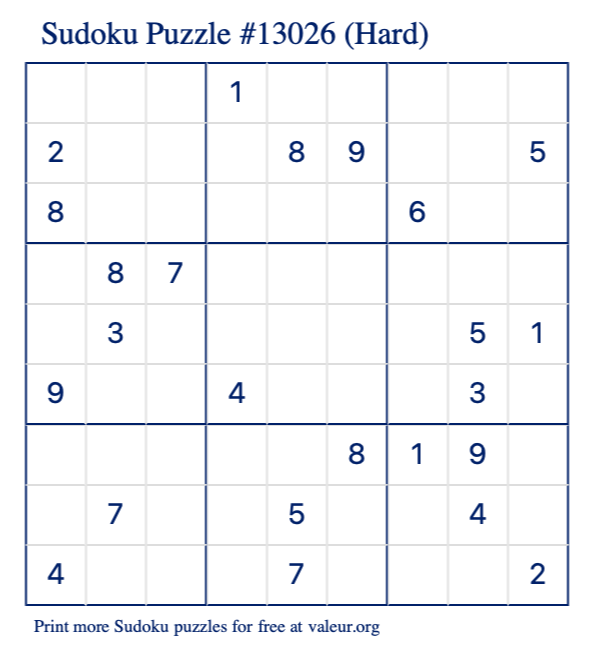 Free Printable Hard Sudoku Puzzle number 13026