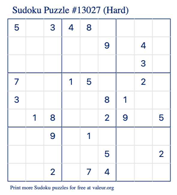 Free Printable Hard Sudoku Puzzle number 13027