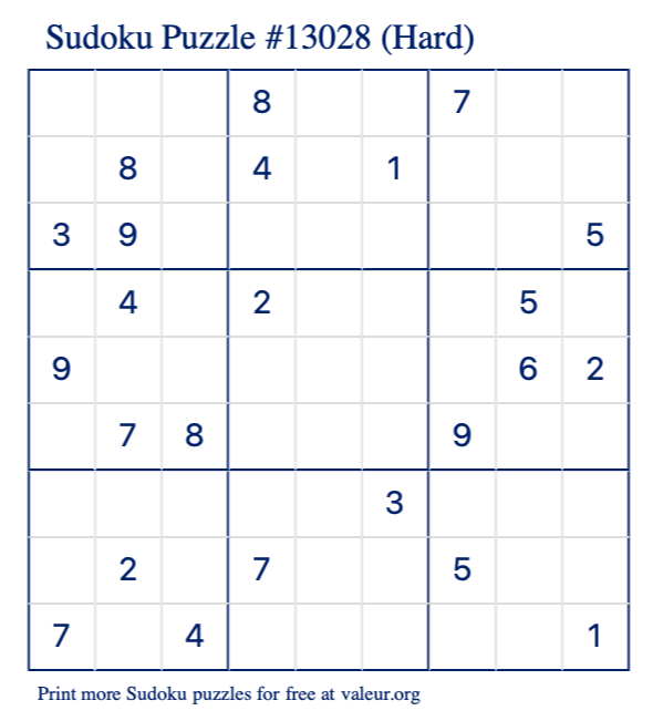 Free Printable Hard Sudoku Puzzle number 13028