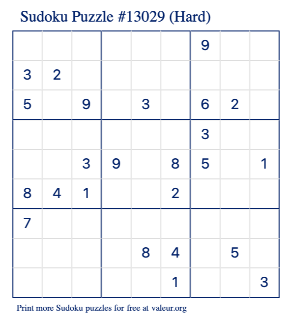 Free Printable Hard Sudoku Puzzle number 13029