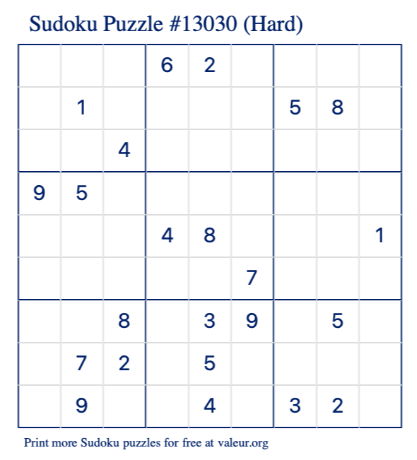 Free Printable Hard Sudoku Puzzle number 13030