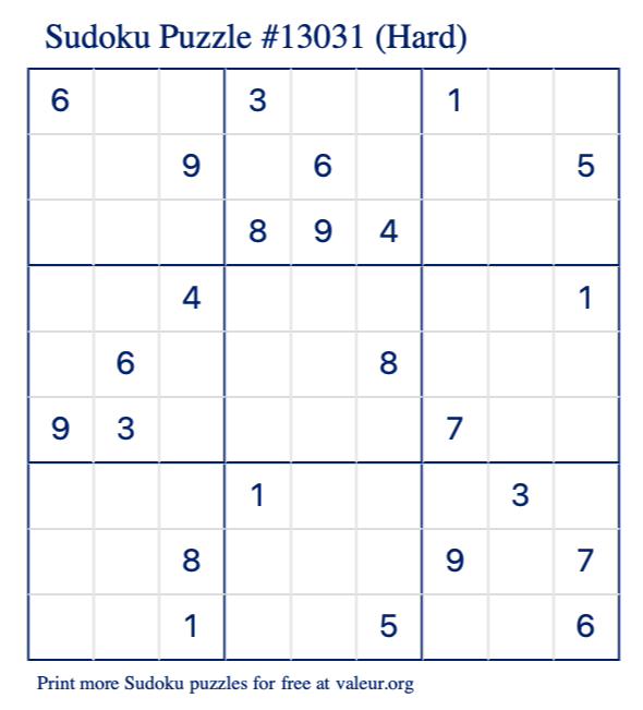 Free Printable Hard Sudoku Puzzle number 13031